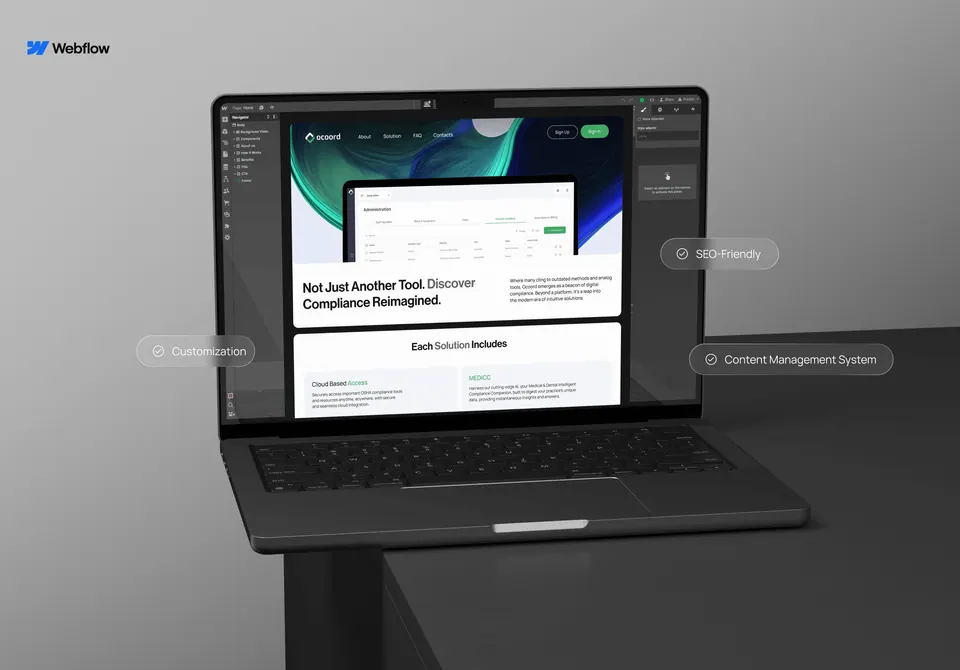 Ocoord site in the Webflow editor — CMS-driven compliance pages