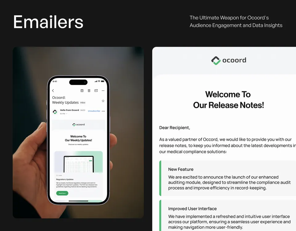Ocoord email design — release notes and welcome emailers