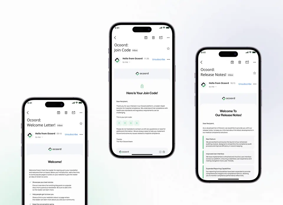 Ocoord onboarding emails — join code, welcome letter and release notes