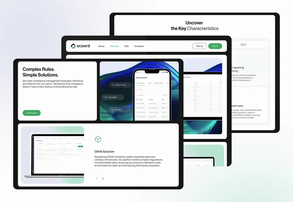Ocoord website — 'Uncover the Key Characteristics' product sections