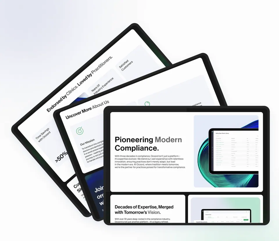 Ocoord website pages — 'Pioneering Modern Compliance' on tablets