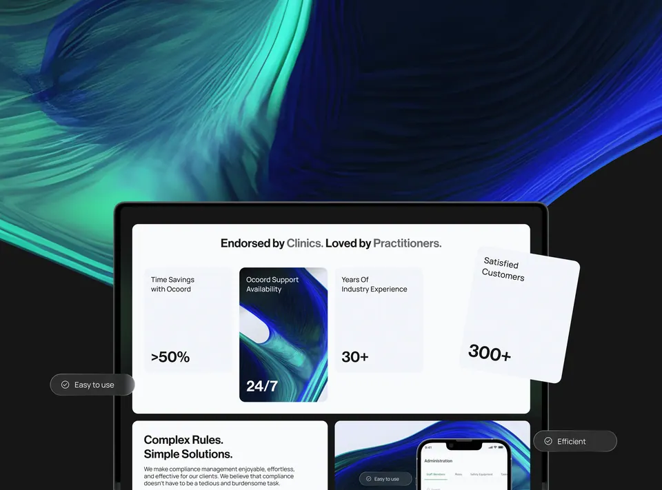 Ocoord website proof section — clinic endorsement stats on a wave background
