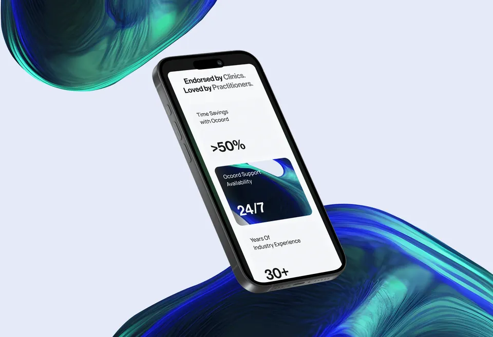 Ocoord mobile web — clinic proof points on a blue wave background