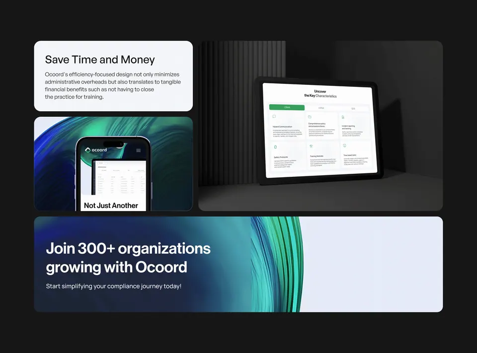 Ocoord website — 'Save Time and Money' and 300+ organisations sections