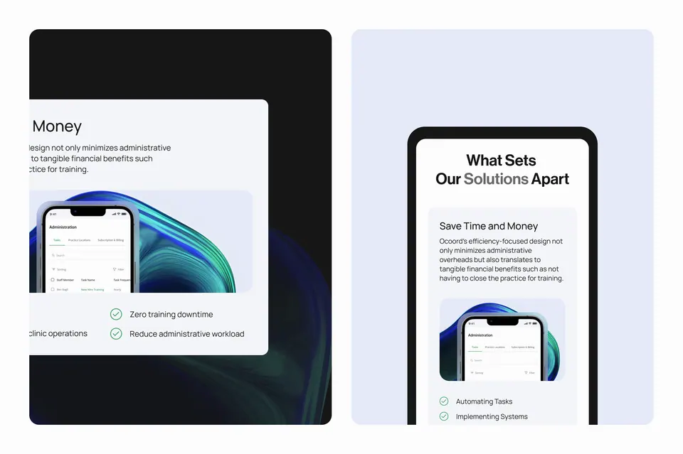 Ocoord website cards — product benefits and mobile app sections