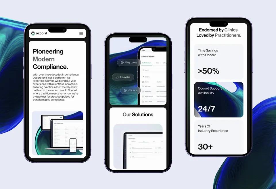 Ocoord mobile web — 'Pioneering Modern Compliance' on three phones