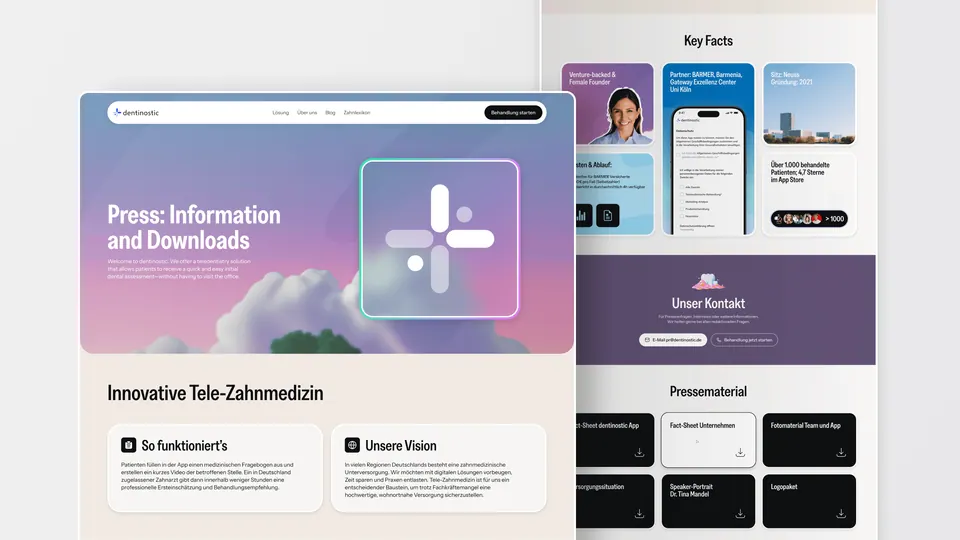 Dentinostic press and downloads pages — media kit and contact layouts