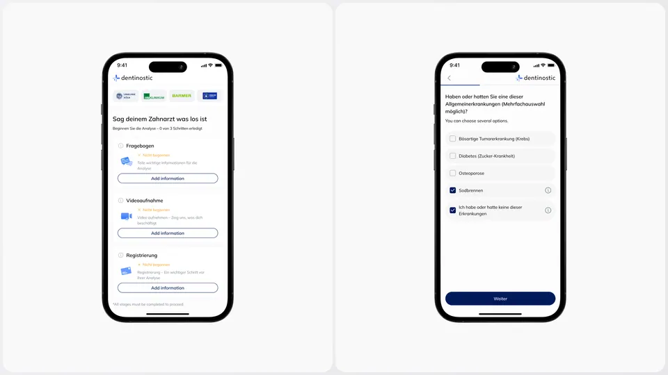 Dentinostic app screens — appointment and symptom flows in German