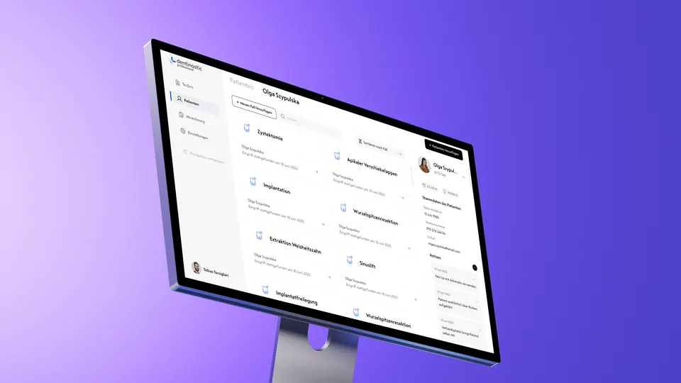 Dentinostic admin interface — patient records dashboard on a monitor