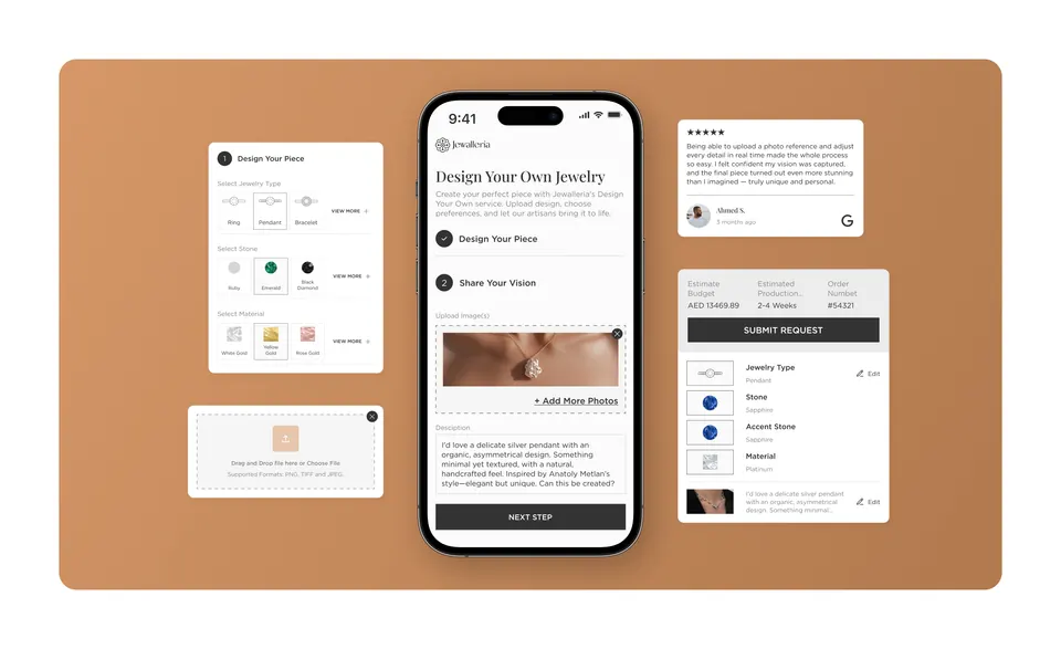 Jewalleria custom jewellery builder — design-your-own flow on mobile