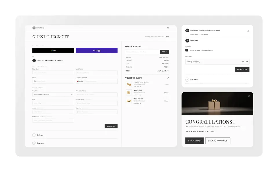 Jewalleria guest checkout — streamlined order summary and confirmation