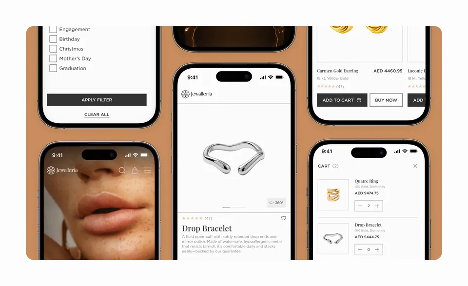 Jewalleria mobile UI — product filters, detail page and add-to-cart