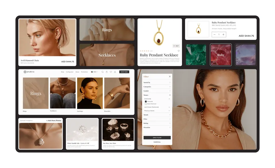 Jewalleria site sections — campaign photography and product grids