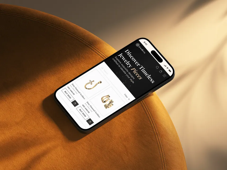 Jewalleria mobile storefront — jewellery product browsing on a leather surface