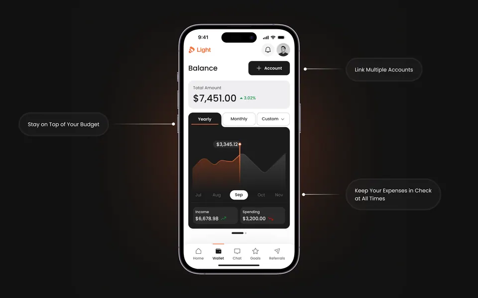 Light balance screen annotated with its budgeting features