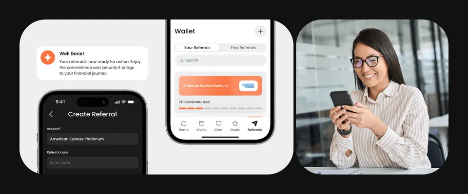 Light referral flow — wallet, invite screens and customer photography