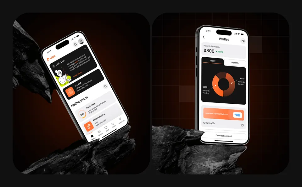 Light wallet screens — balance and transfer views on stone
