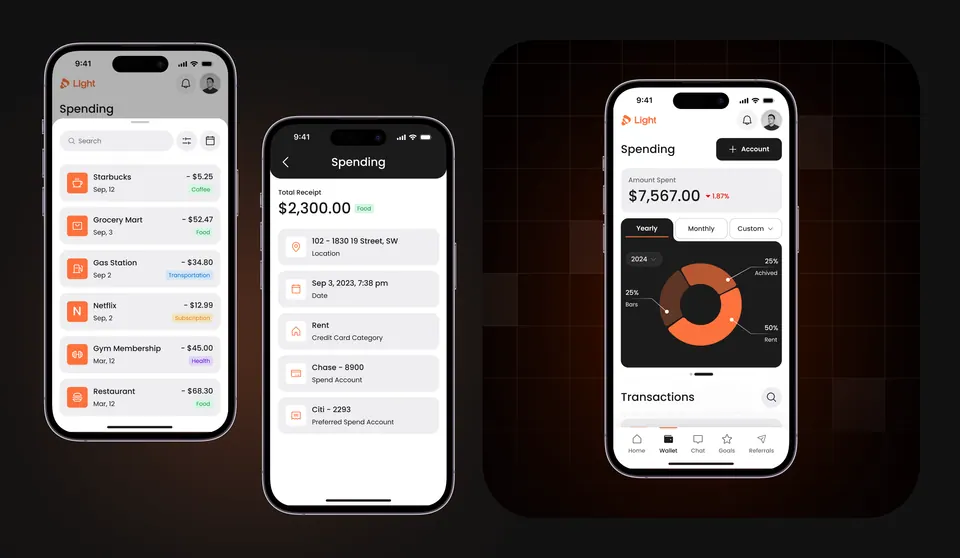 Light spending screens — monthly totals and category rings on three phones