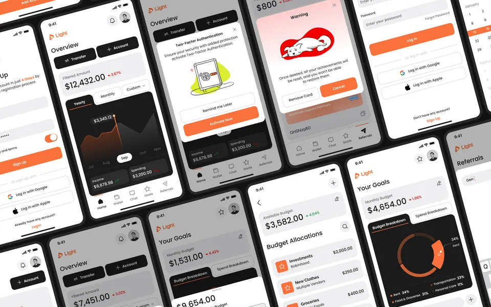 Light app screen library — overview, budgets, goals and transaction views