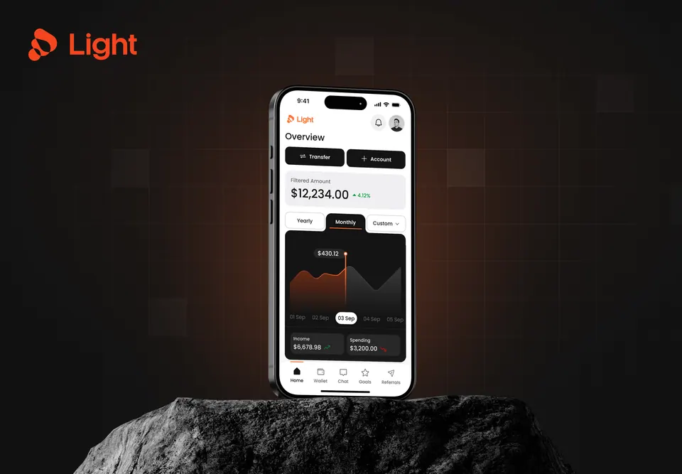 Light AI finance app — account overview and spending balance on mobile