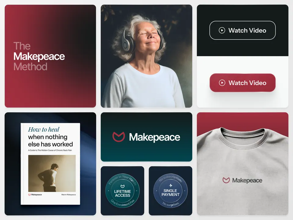 Makepeace Method brand board — logotype, buttons, colour tiles and merch
