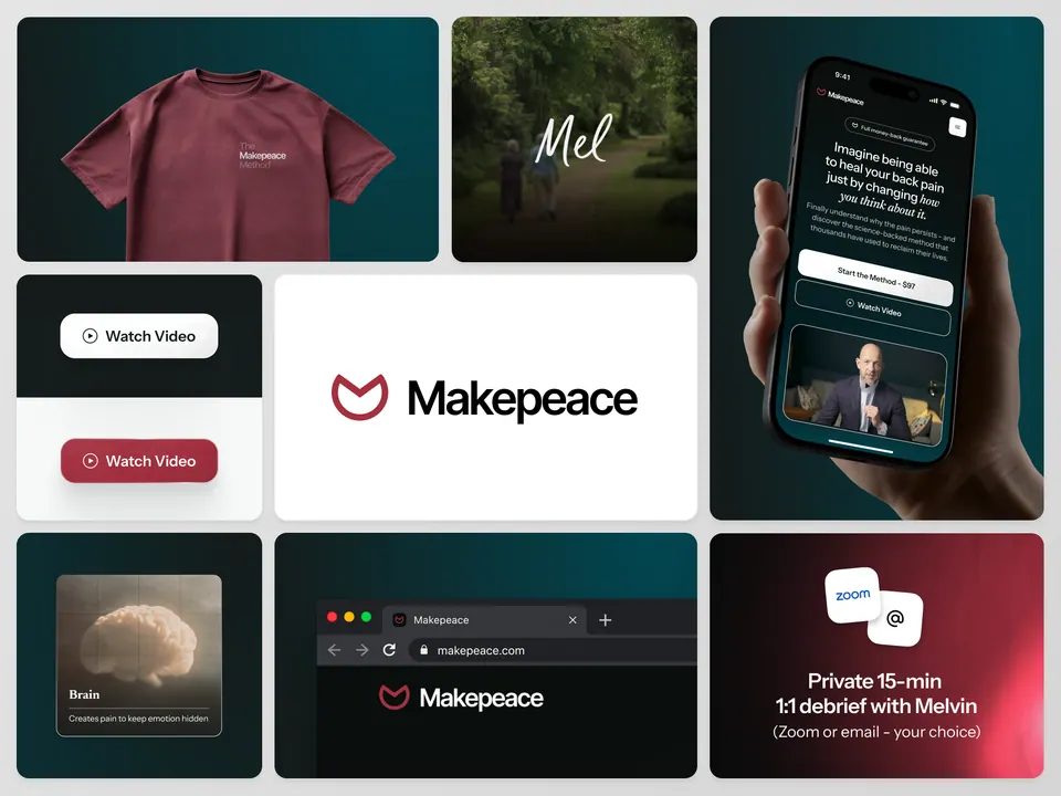 Makepeace Method brand collage — merch, logo, video and programme screens