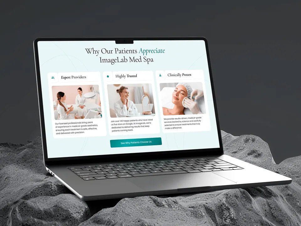 ImageLab Med Spa — patient testimonial section on a laptop