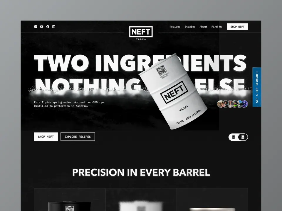 NEFT Vodka website — 'Two Ingredients, Nothing Else' product story page