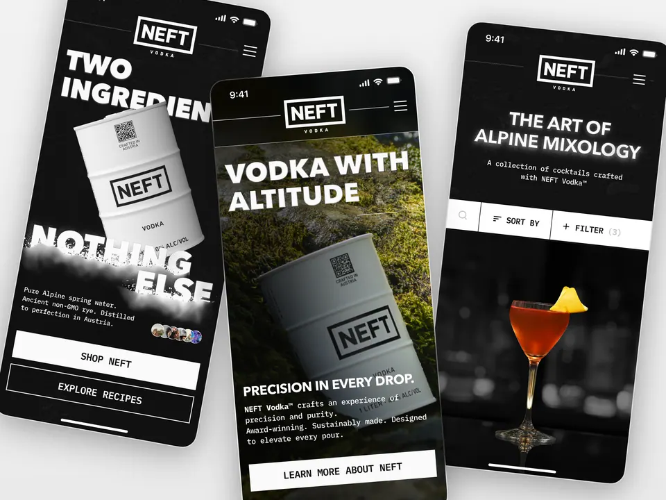 NEFT Vodka mobile site — product story and recipe screens