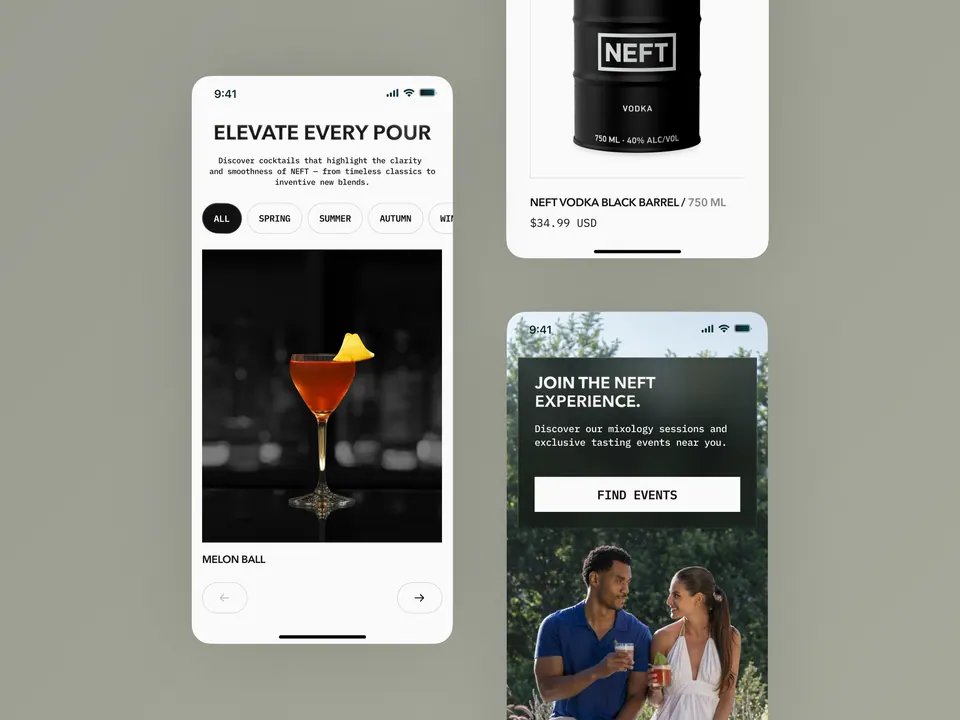NEFT Vodka mobile — product detail and events sign-up screens