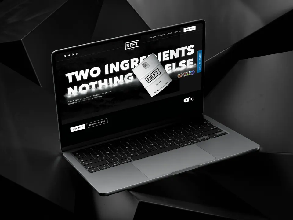 NEFT Vodka website hero on a laptop — 'Two Ingredients, Nothing Else'