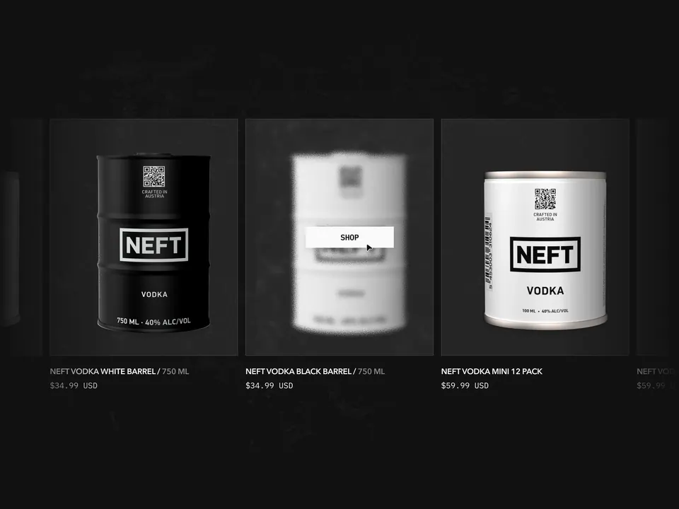NEFT Vodka shop page — bottle range with pricing on a dark storefront