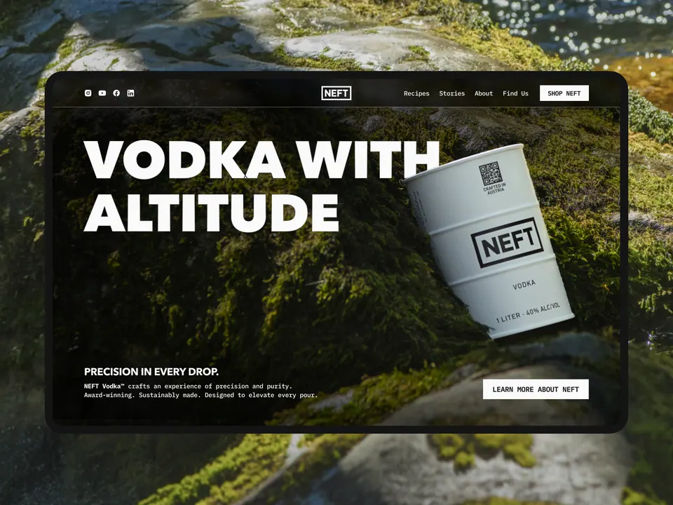 NEFT Vodka website — 'Vodka with Altitude' alpine hero section