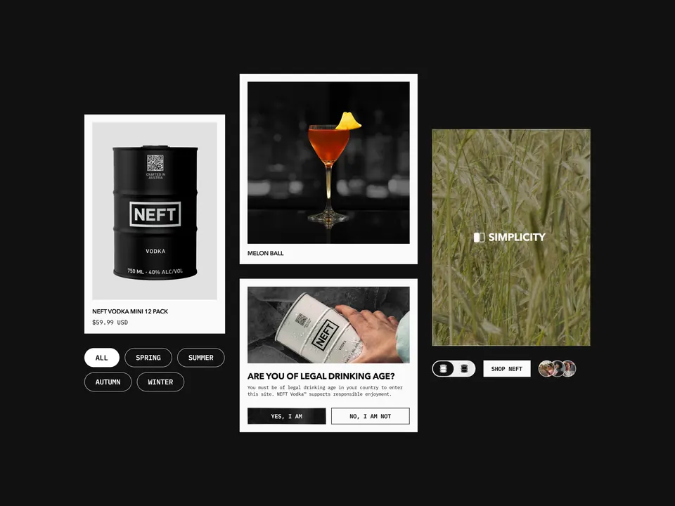 NEFT Vodka social tiles — bottle, cocktail and age-gate creatives