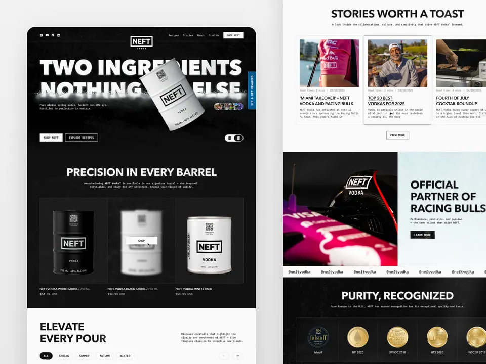 NEFT Vodka website sections — 'Stories Worth a Toast' and awards