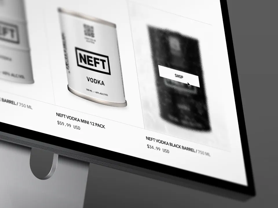 NEFT Vodka shop — bottle range product page on a monitor