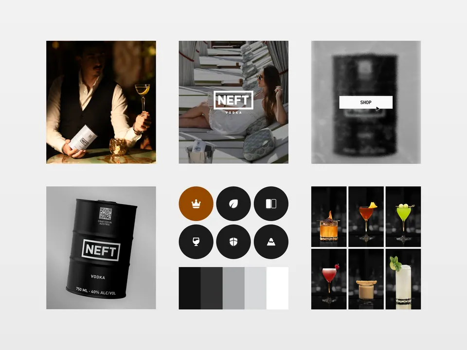 NEFT Vodka brand board — photography, bottle, palette and icon set