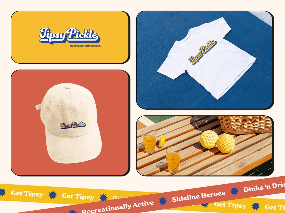 Tipsy Pickle merchandise — cap, tee and colour palette for the venue brand