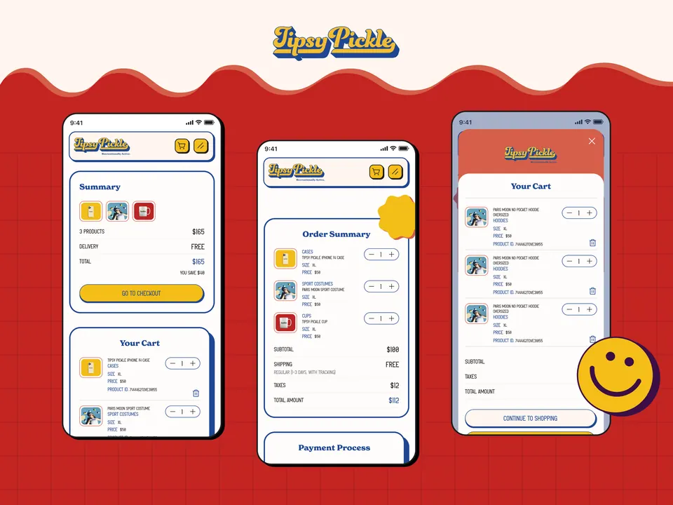 Tipsy Pickle checkout — order summary, cart and payment screens