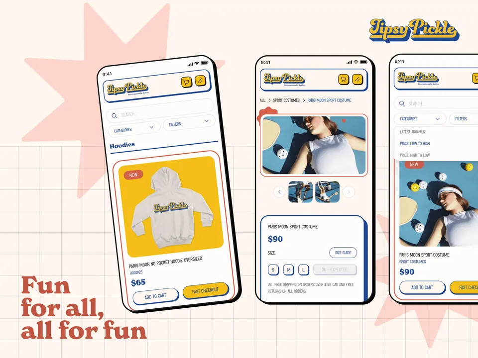 Tipsy Pickle app — 'Fun for all, all for fun' booking and merch screens