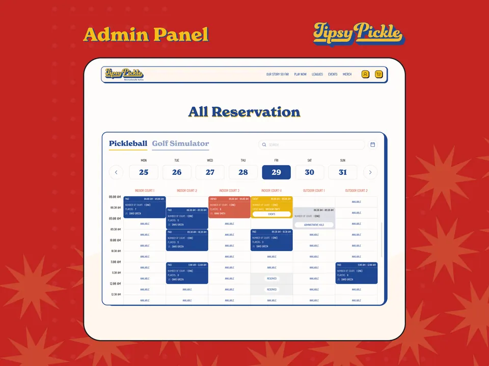 Tipsy Pickle admin panel — reservation calendar for the venue team