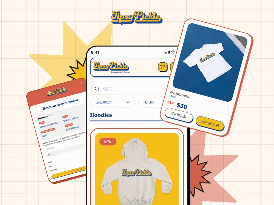 Tipsy Pickle merch flow — product detail and cart screens