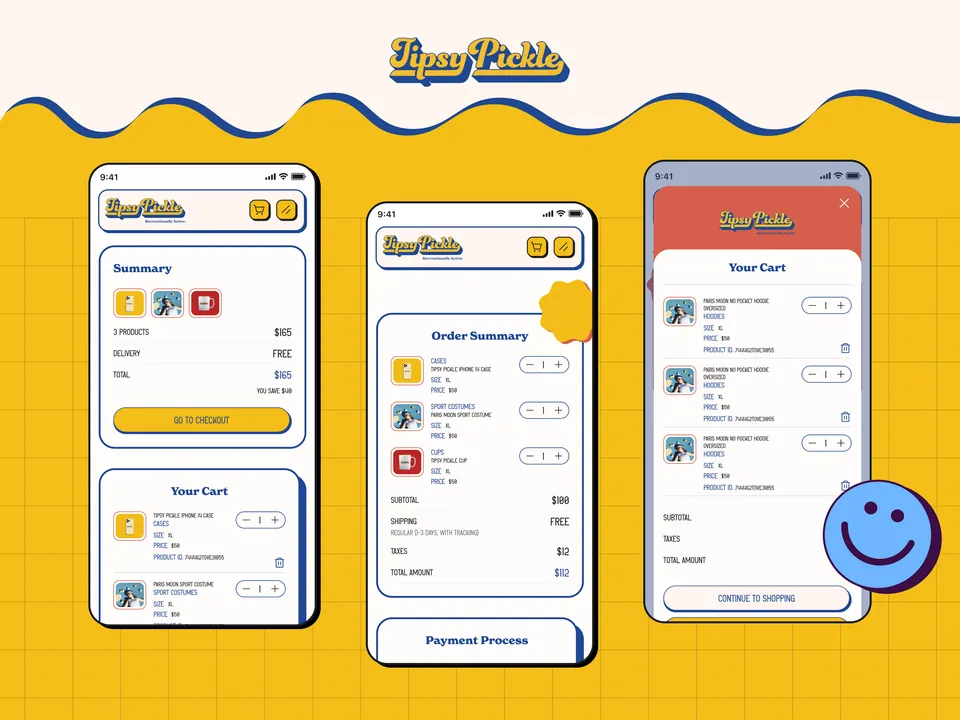 Tipsy Pickle ordering screens — summary, cart and payment on yellow