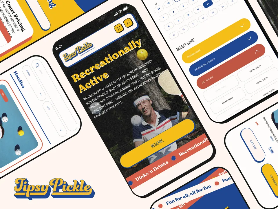 Tipsy Pickle booking app — reservation and ordering screens for a pickleball venue