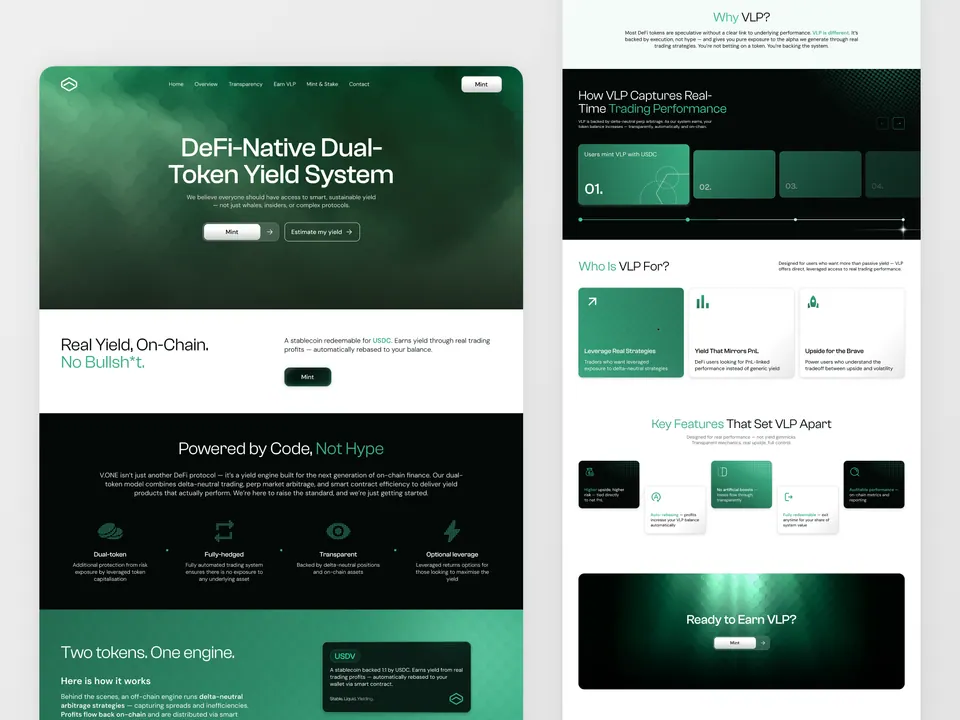 USDV website — dual-token yield system explainer sections