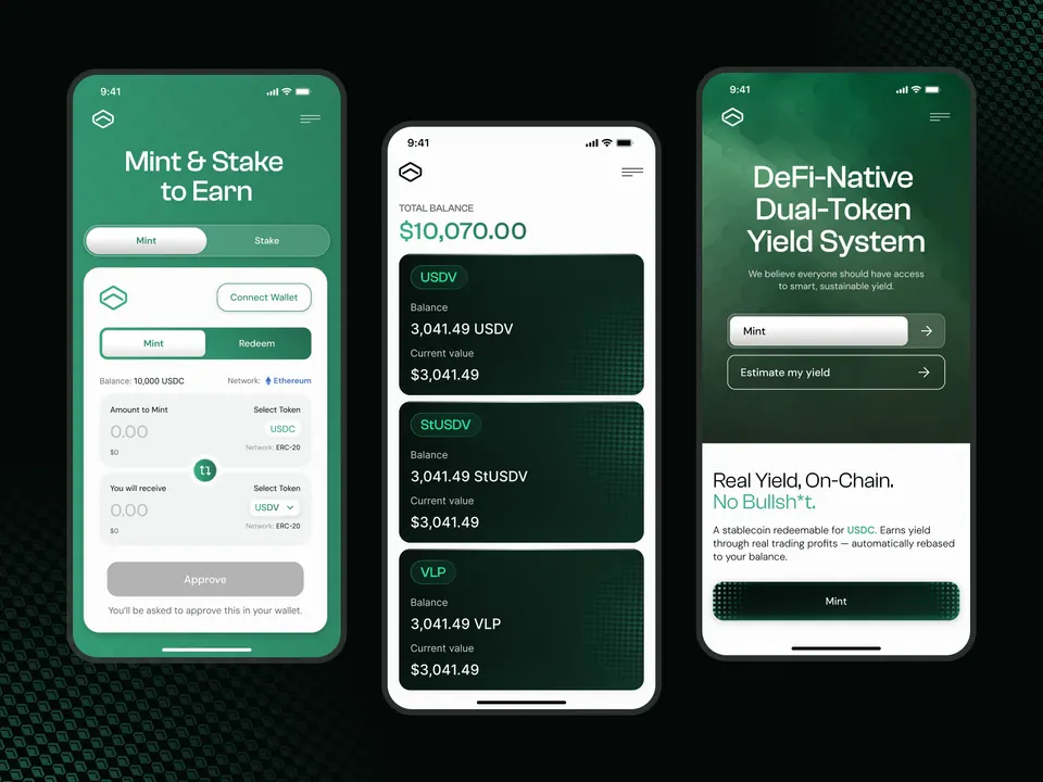 USDV mobile — mint, stake and balance screens