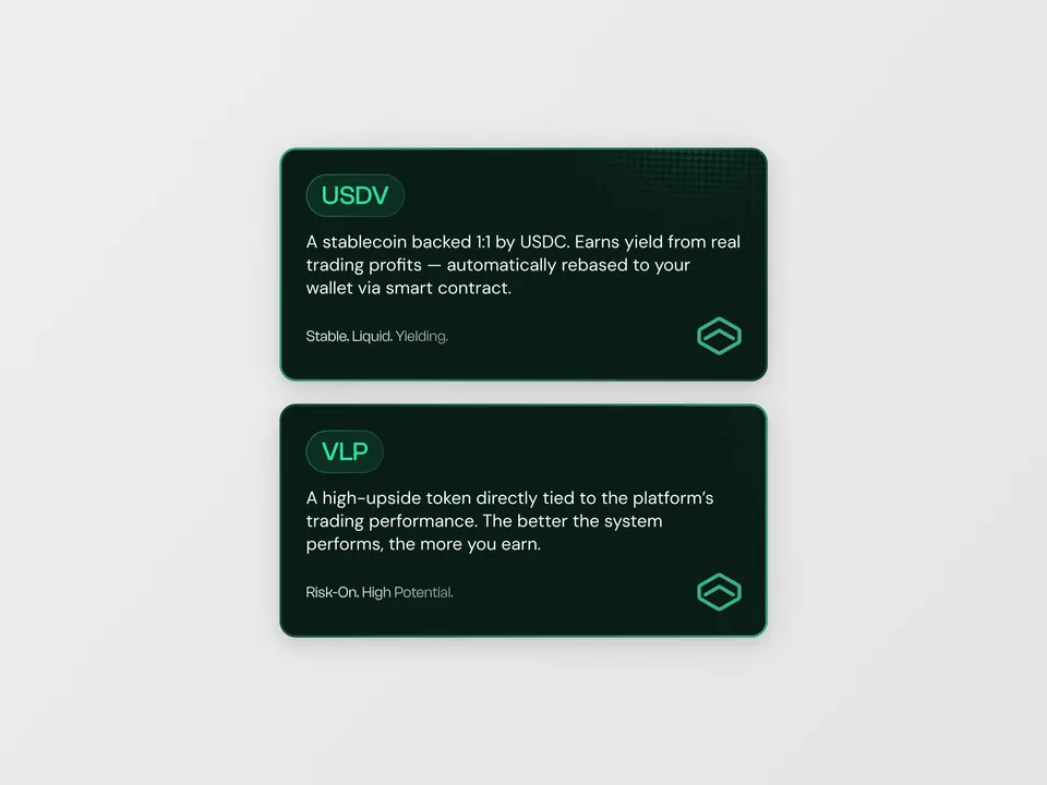 USDV token cards — USDV and VLP yield mechanics explained in-product