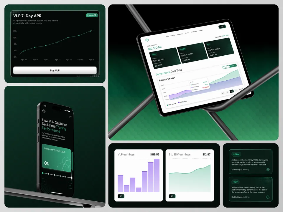 USDV yield dashboard — APR chart, earnings breakdown and mobile views
