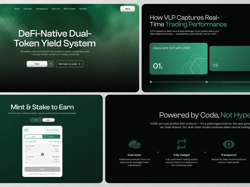 USDV website — dual-token yield explainer and staking sections