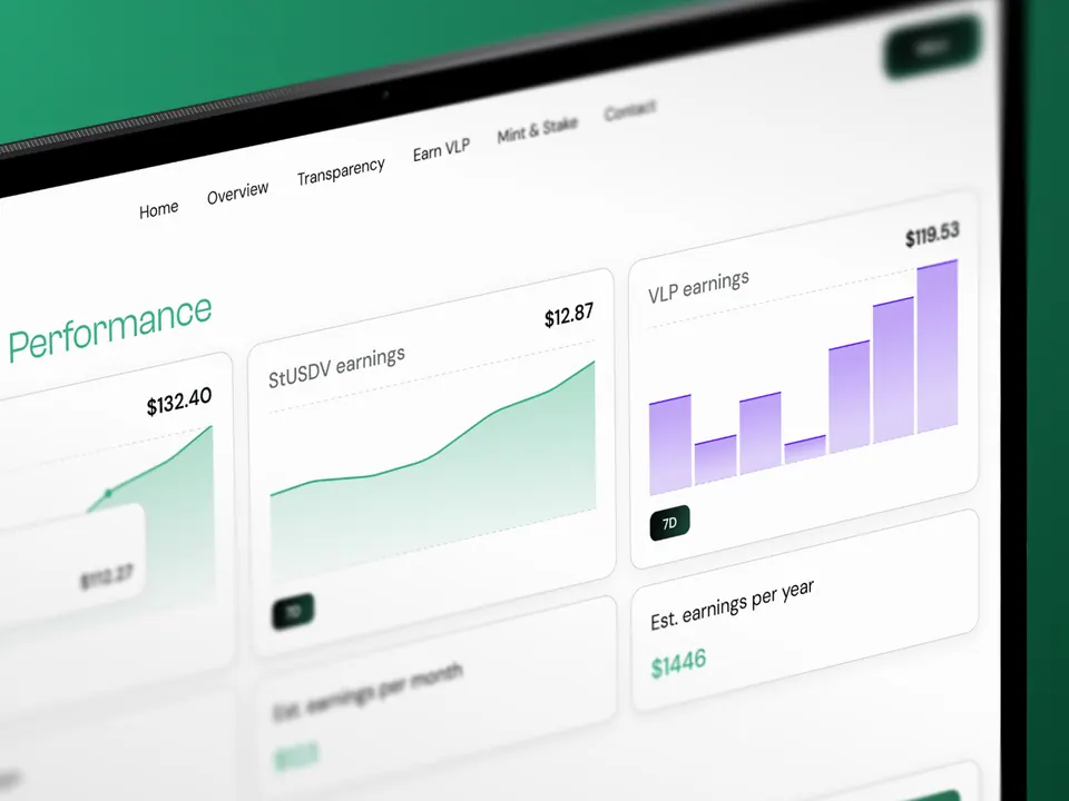 USDV performance dashboard — staking earnings and VLP charts